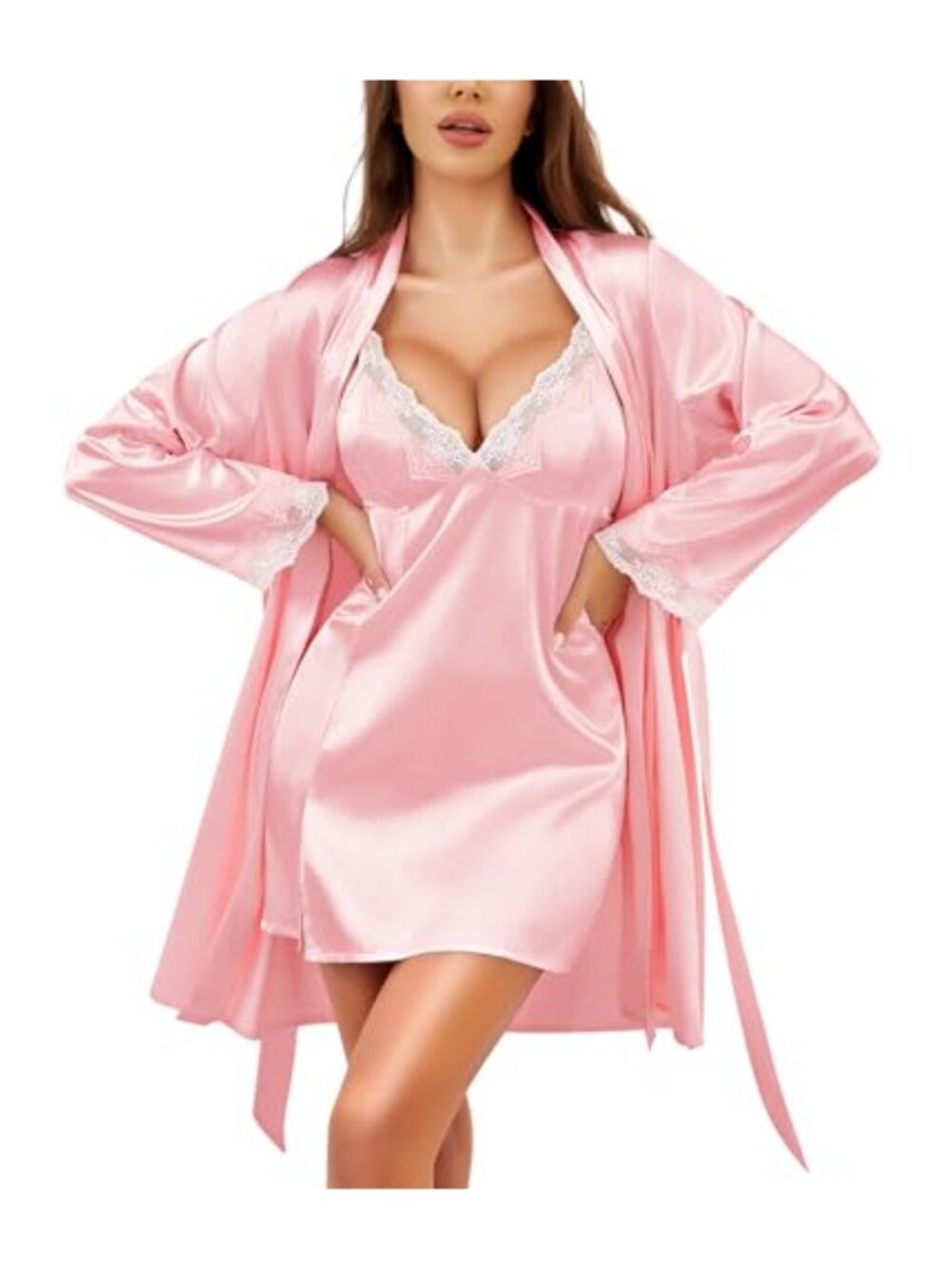 Satin Lace Robe Set 2 Piece Silk Nightgown Long Sleeve Sleepwear